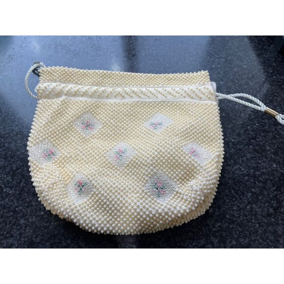 Vtg 1950's Candy Dot Beaded Drawstring Handbag Beige & Clear Colored Bakelite - Picture 3 of 9